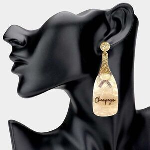 Champagne Bottle White Glittered Acetate Dangle Earrings